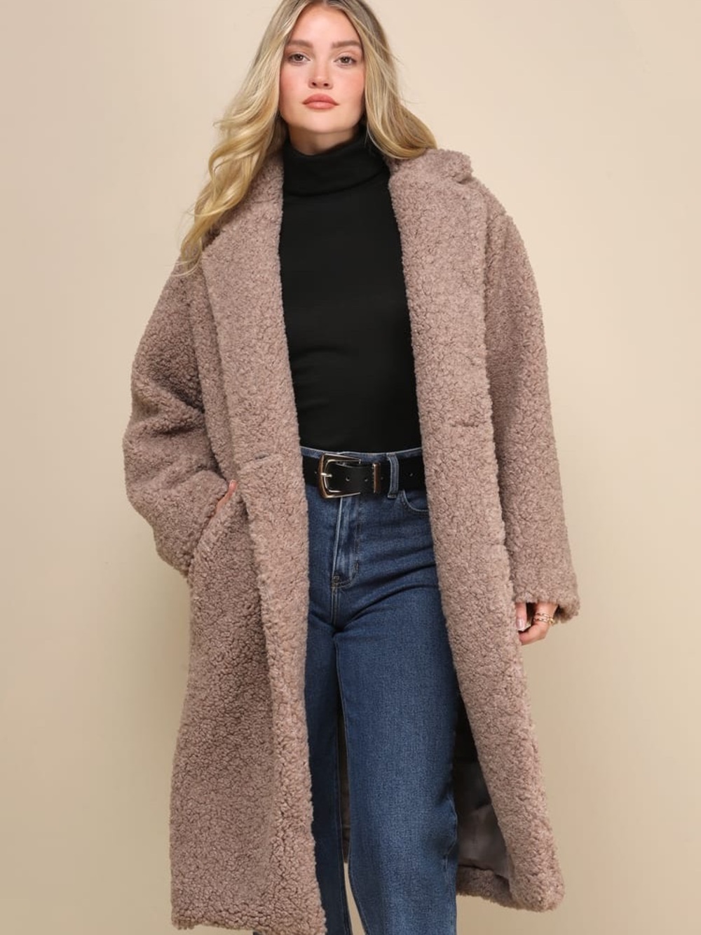 Lulus Faux-Shearling Coat in Taupe